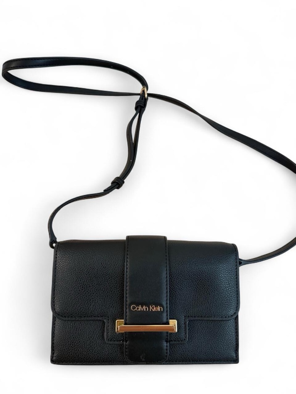 Calvin Klein Black Pebbled Leather Crossbody with Gold Hardware